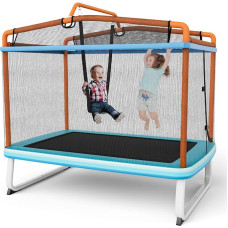 COSTWAY 3-in-1 laste batuut, aiatrampoliin ristkülikukujuline koos kiikumise, venitusraua, turvavõrgu ja servakattega trampoliin, sise- ja välistrampoliin 190 x 124 x 222 cm.