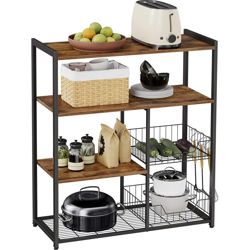 VASAGLE Rustic Brown KKS96X mikrolaineahju köögi hoiukapp, 2 võrkkiust korvi, 4 tasandilise konksuga, 80 x 35 x 95 cm.
