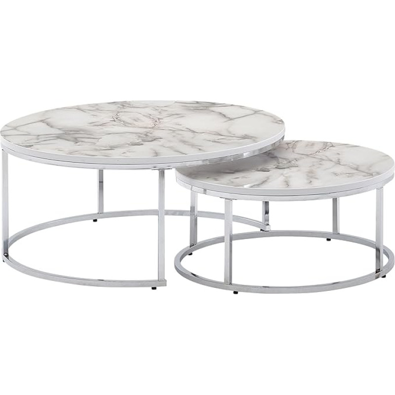 Wohnling kohvilaud 2 valge hõbedase marmoriga diivanilaud ümmargune kaasaegne küljelaud 2-osaline metallist ümmargune elutoa laudade disain pesitsuslauad