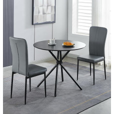 Hallowood Furniture Cullompton väike ümmargune söögilaud ja toolid komplekt 2, must söögilaud puiduefektiga ja helehallid kunstnahast toolid, söögikomplekt koju, kohvikusse