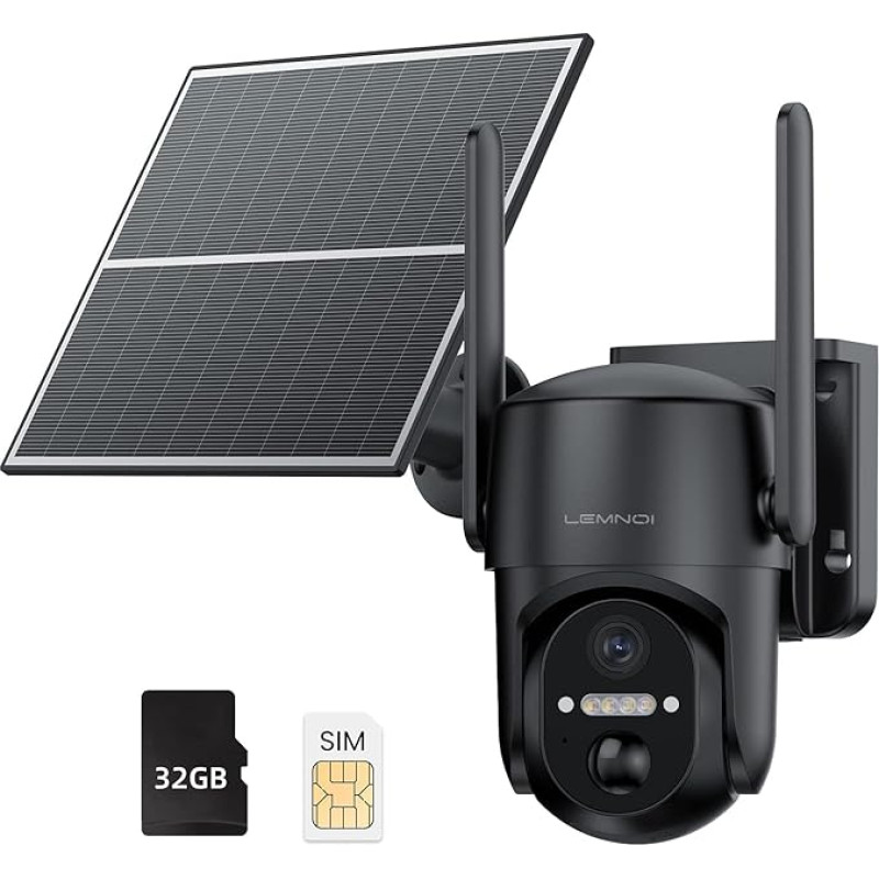 Lemnoi 4G LTE valvekaamera väljas aku koos eelpaigaldatud SIM-kaardiga ja SD-kaardiga, 2K PTZ juhtmeta päikesepaneeliga välikaamera, värviline öönägemine, 360° pööramine, PIR-tuvastus,