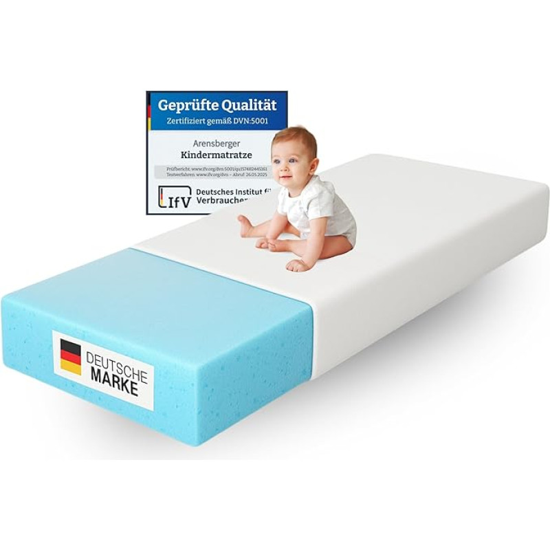Arensberger Nora laste madrats Beebimadrats 60 x 120 cm Kõrgus 12 cm Pesemis- ja eemaldatav kate Punkti-elastiline geel-vahuga noorte madrats Allergiasõbralik Premium kate