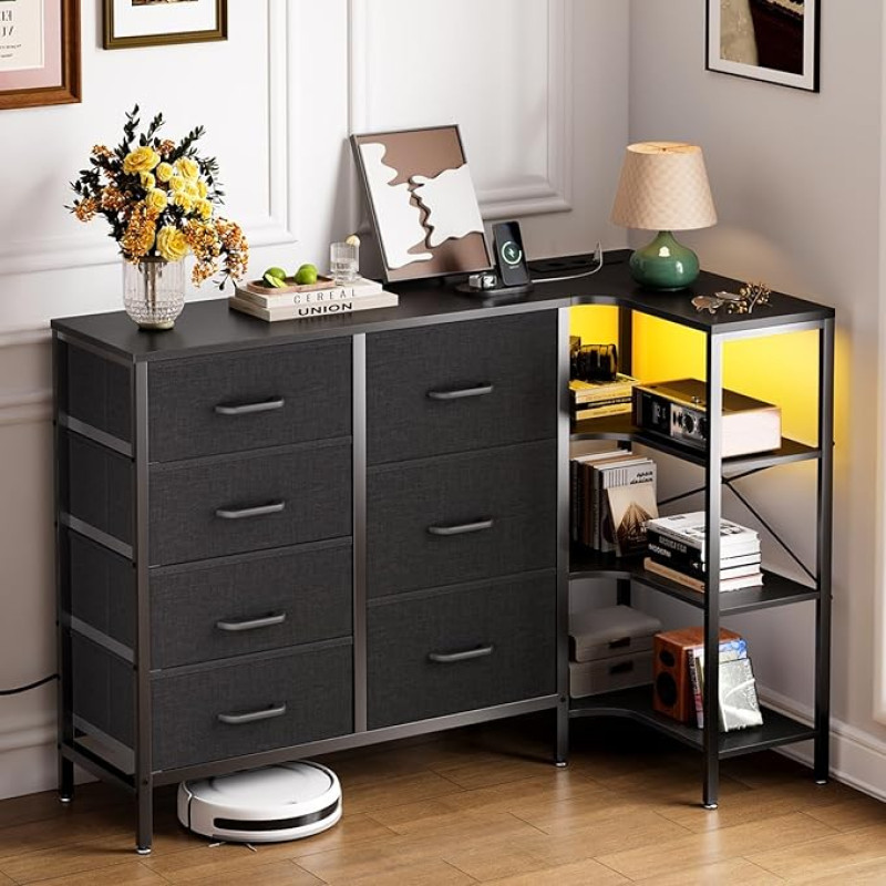 Coleshome sahtlitega kapp, nurgakapp 7 riidest sahtliga - 2 USB ja 2 vahelduvvoolu pistikupesa ja LED-valgustus, 3-kihiline hoiulaud, sobib magamistoa ja elutoa nurkadesse