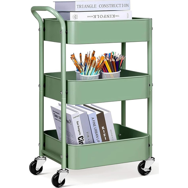 MISSLO 3-tasandiline rullikäru, metallist serveerimiskäru rataste ja käepidemetega, 2 pidurit köögikäru, köögiriiul vannituppa, värvimisvahendid, magamistuba (roheline)