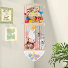 Tefola Stuffed Animal Storage Elastic Rope Plush Organizer Toy Net Adjustable Length Wooden Hammock Corner Plush Storage for Bedroom Kids Room Playroom Furniture
