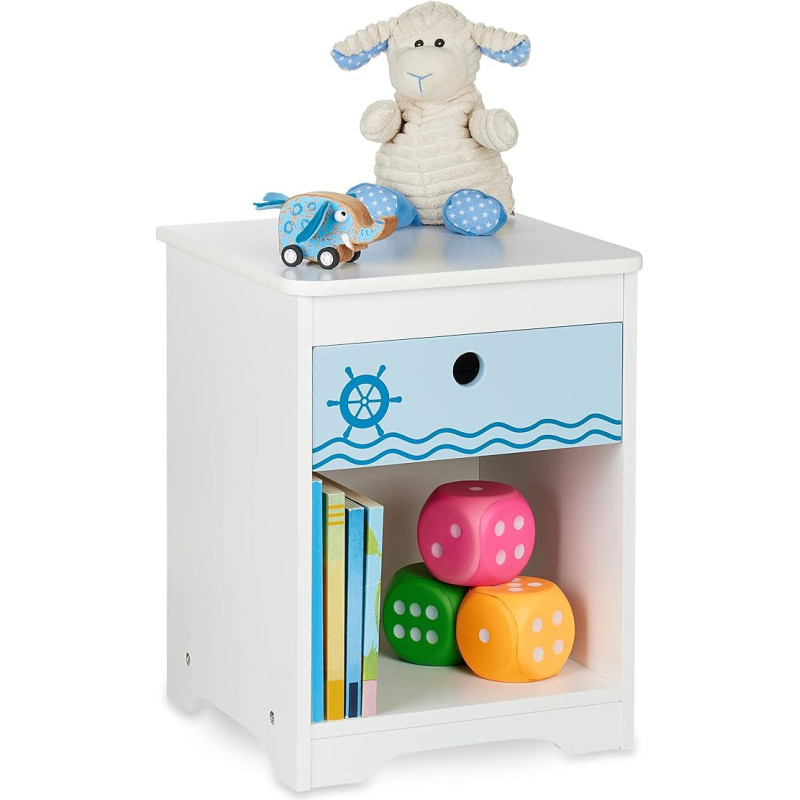 Relaxdays Children's Bedside Table, Sailor Design, Drawer & Storage Compartment, Children's Room Chest of Drawers, H x D: 41 x 32 x 31 cm, White/Blue