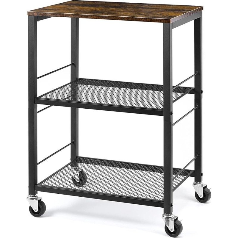 LIANTRAL Rolling Cart with 3 Tiers, Rustic Serving Trolley, Robust Storage Rack, Kitchen Shelf, Multifunctional Rolling Cart with Wooden Top and Wheels, Serving Trolley for Kitchen, Living Room,
