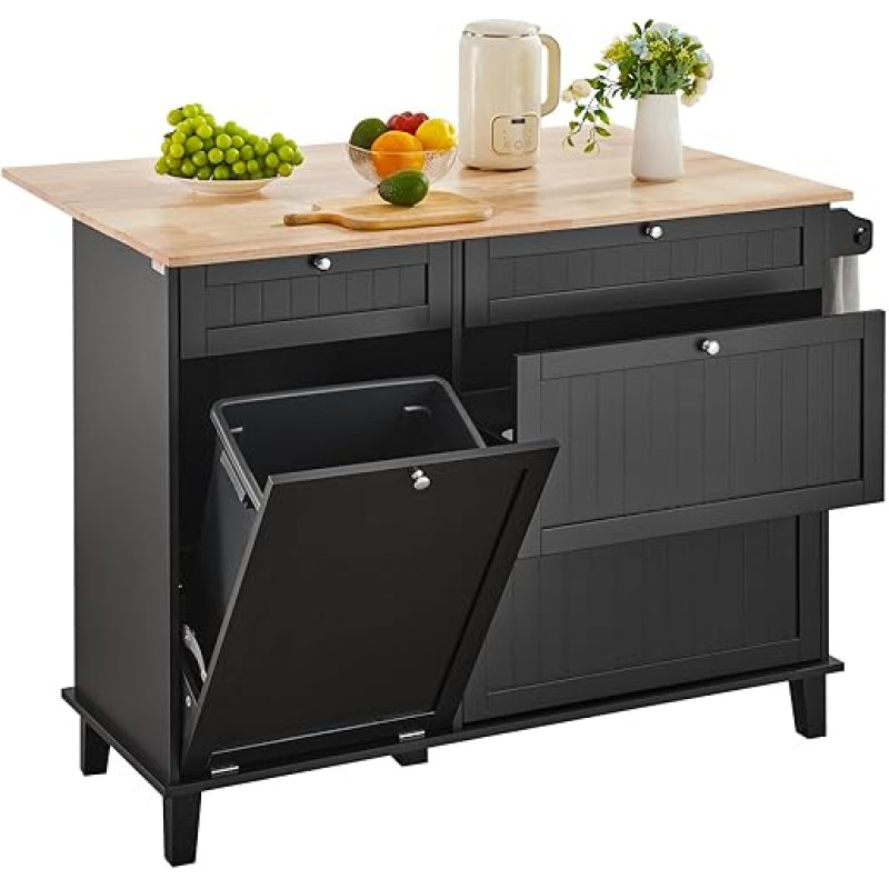 VEVOR Kitchen Island Trolley, 128 cm Breakfast Bar with Wooden Top and Fold-Out Trash Cabinet, 10 Gal Storage Space, Farmhouse Dining / Living Room Table with Folding Plate, Towel Holder, Drawer,