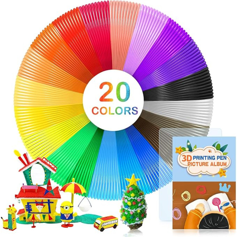 WEVOL 3D Pen PCL Filament 1.75 mm, 20 Colours, 5 m Each with Templates, for Children and Adults, Accessories for Low Temperature Pen 3D Printer