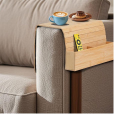 Jiayaus Sofa Tray with Drink Holder and 2 Coasters, Wooden Sofa Tray, Sofa Tray Armrest, Foldable Couch Tray for Drinks, Snacks, Remote Control, Phone and Magazine