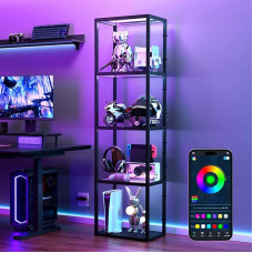 ONLYWIN RGB Display Cabinet with 4 Levels, Glass Shelves, Corner Cabinet Bedroom, Music Sync Light, Dimmable LED Floor Lamp, Showcase Display Case for Gaming Room, Collectable Figures, Art