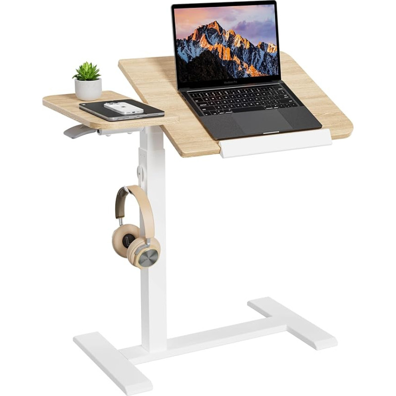 ETHU Laptop Table, Height-Adjustable, Multifunctional Side Table with Tilting Worktop and Recessed Wheels, Mobile Bed Table, Ergonomic Standing Desk for Office and Home (Oak)