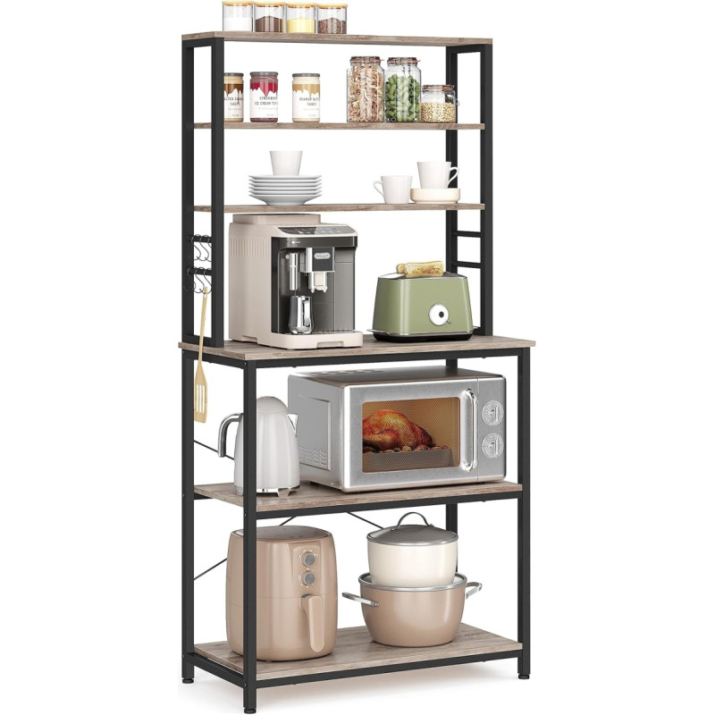 VASAGLE Coffee Bar, Baker's Rack for Kitchen with Storage, 6 Tier Kitchen Shelves with 6 Hooks, Microwave Stand, Industrial, 40 x 80 x 165 cm, Greige and Black UKKS019B02