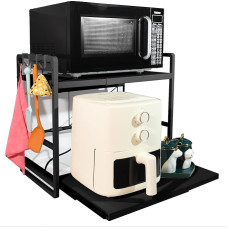 BeSokar 2-Tier Microwave Rack - Height Adjustable & Extendable Kitchen Shelf with Drawer - Carbon Steel - Includes Hooks & Reinforcement Suction Cups - Easy Assembly (Black)