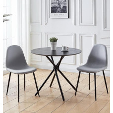 Hallowood Furniture Cullompton Dining Table and Chair Set 2, Wood Effect Table Top, Round Table, Small Kitchen Table and Grey Fabric Chairs with Black Metal Legs, Dining Sets