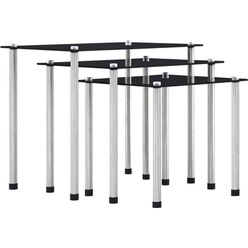 Set of 3 Black Tempered Glass Nesting Tables Set of 3 with Tempered Glass Top Aluminium Frame for Living Room, Bedroom Space Saving, Sturdy Easy to Clean - Includes Small, Medium, Large