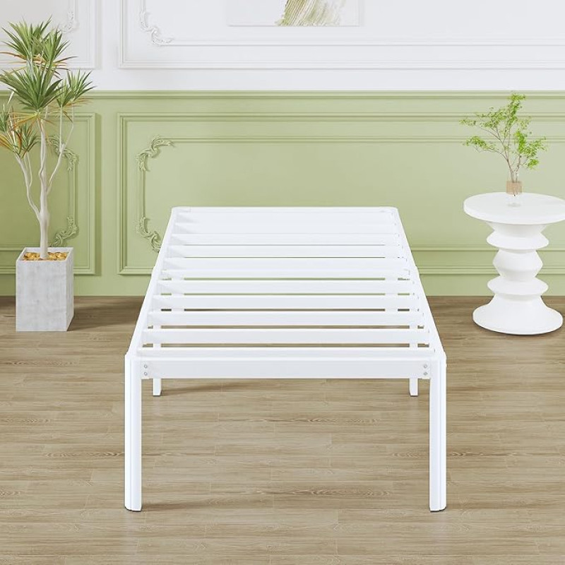 Lutown-Teen Metal Bed 80 x 190 cm with Round Corner Legs, Height 46 cm Bed White, Metal Bed Frame 80 x 190 cm with Slatted Frame, Single Bed with Storage Space Under Bed, Noise-Free, Easy Assembly