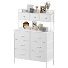 Mintnook Chest of Drawers with 9 Drawers, Chest of Drawers for Bedroom, Metal Frame, Wooden Top, Fabric Drawers, Fabric Chest of Drawers for Bedroom, Living Room, White