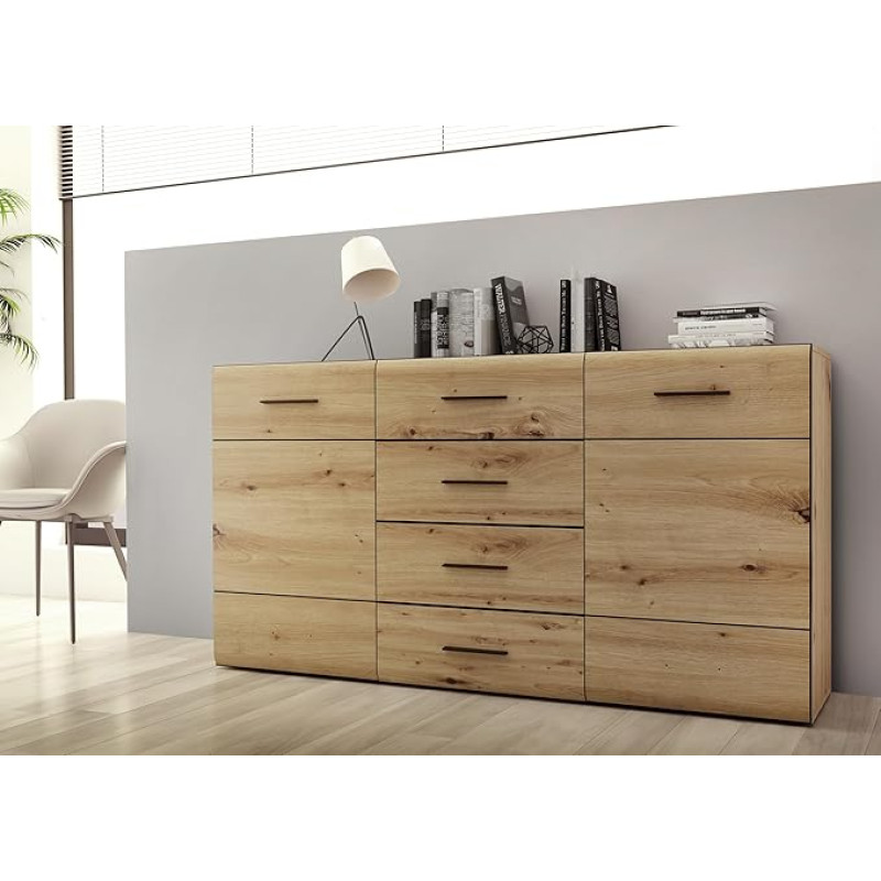 Forte SEIKOLA Sideboard with 4 Drawers and 2 Doors, Wood Composite, Artisan Oak/Black, W x H x D: 169.6 x 91.3 x 41.1 cm