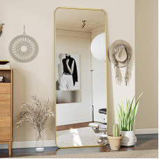 Koonmi Standing Mirror with Rounded Corners, 53 x 163 cm, Round Corners, Full Body Mirror with Stand, Large Floor Standing Mirror, Full Body Mirror, Wall Hanger for Bedroom, Living Room, Gold