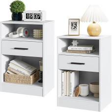 RRX Bedside Table Set of 2, Side Table, Bedside Table, Bedside Cabinet with Drawer, Handle, Open Compartment, White, 30 x 40 x 60 cm (2, White)