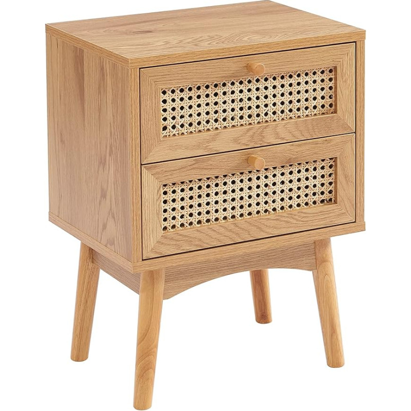 BAÏTA INES Oak Effect Rattan Weave Bedside Table with 2 Drawers