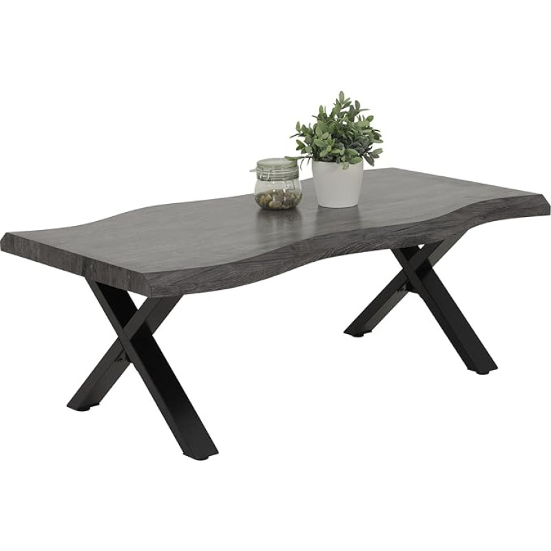 Hela Tische, Gerd Coffee Table with Wane, X-Frame, Metal, Black, Honeycomb Top, Melamine-Coated, Acacia Grey Decor, 110 x 60 cm