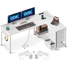 ODK Corner Desk with 4 Drawers, 155 x 110 cm, L Shape Desk with Socket and USB Charging Port, Reversible Desk with Storage Space for Office, Study, Bedroom, White