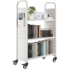 VEVOR Book Trolley, 150kg Load Capacity, Library Trolley, 77 x 38 x 122 cm, Single Sided L Shaped Bookcase with Double Brake Wheels, Bookshelf Trolley for Living Room, Office, School, White