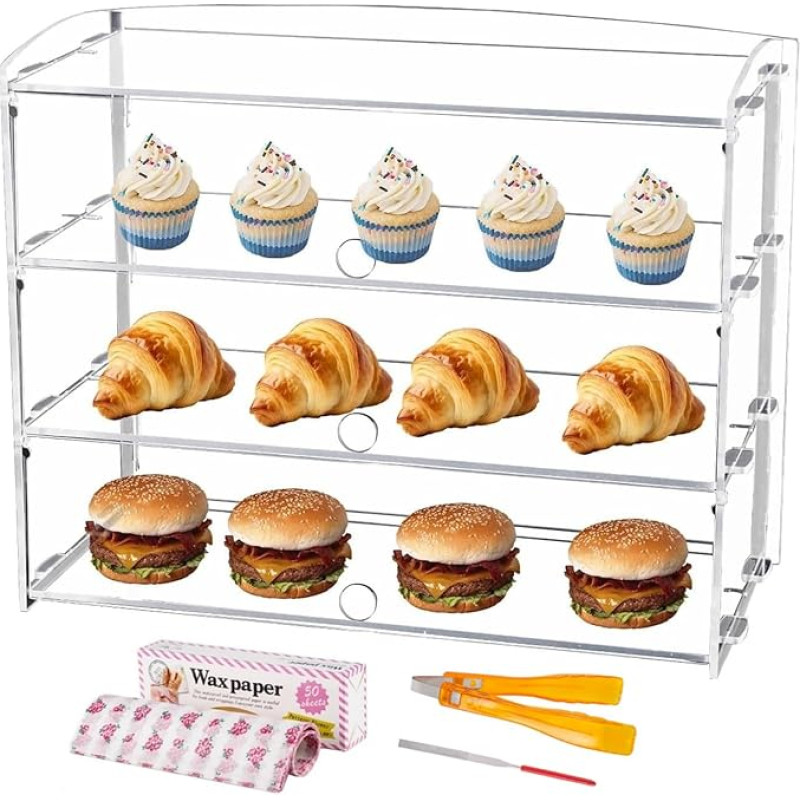 BAOSHISHAN Acrylic Display Case, Transparent Bakery Display Case, Bread Cabinet 3 Tier Acrylic Stand for Bread Pastry Cupcake Donut with Serving Tongs 50 x 40 x 24 cm