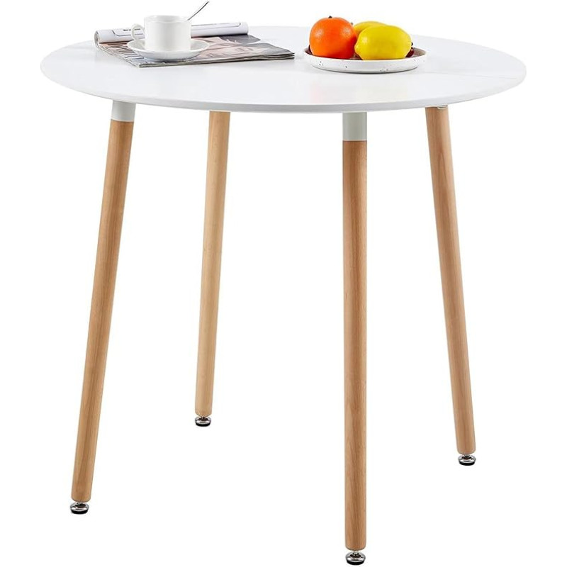 H.J WeDoo Round Dining Table, Wooden Kitchen Table, 80 x 80 x 72 cm, Natural Legs, Rubber Coasters, White