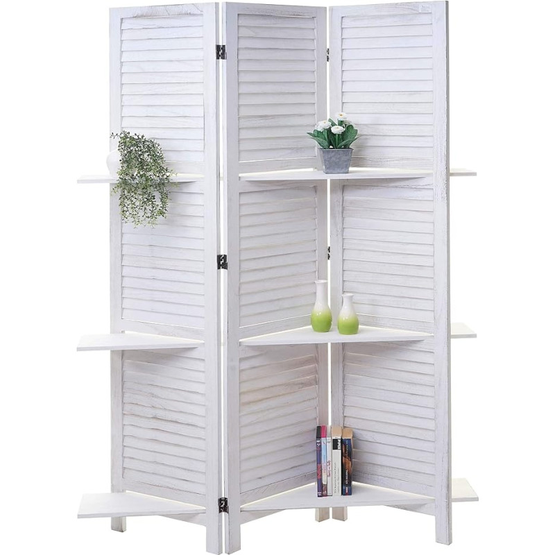 Mendler T752 Screen Room Divider with Shelves 170 x 125 cm Shabby Look White
