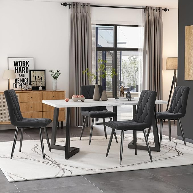 KUAKE Dining Set, 117 x 68 cm Dining Table with 4 Chairs, Rectangular Dining Table, Modern Kitchen Table Set, Dining Room Chair Twill Velvet Kitchen Chair, Black Table Legs (Dark Grey)