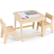 FANTASK Children's Table with 2 Chairs, 3-Piece Children's Wooden Furniture Set with Double-Sided Table Top, Natural