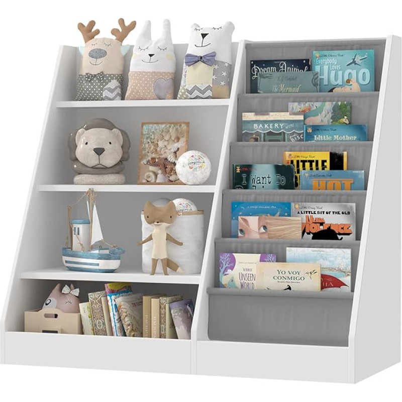 KEEPREAPER Children's Shelf, White with 5 Shelves and 4 Open Compartments, Bookcase for Children, Toy Organiser, 90 x 40 x 80 cm