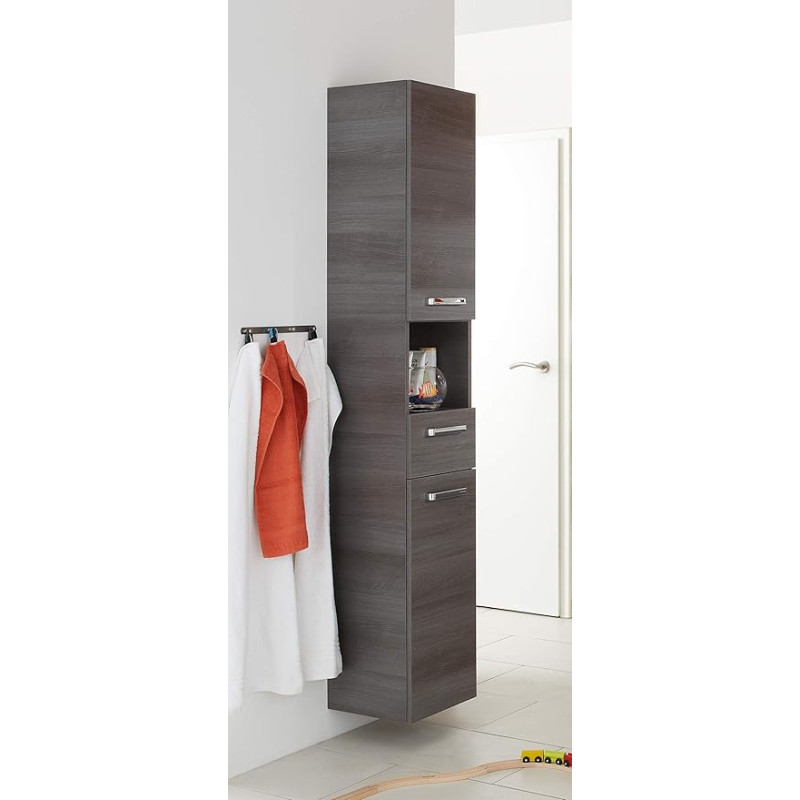 Pelipal Quickset 352 Bathroom Cabinet in Graphite Structure, 30 cm Wide, Tall Cabinet with 1 Door, 1 Drawer, 1 Recess and 2 Shelves