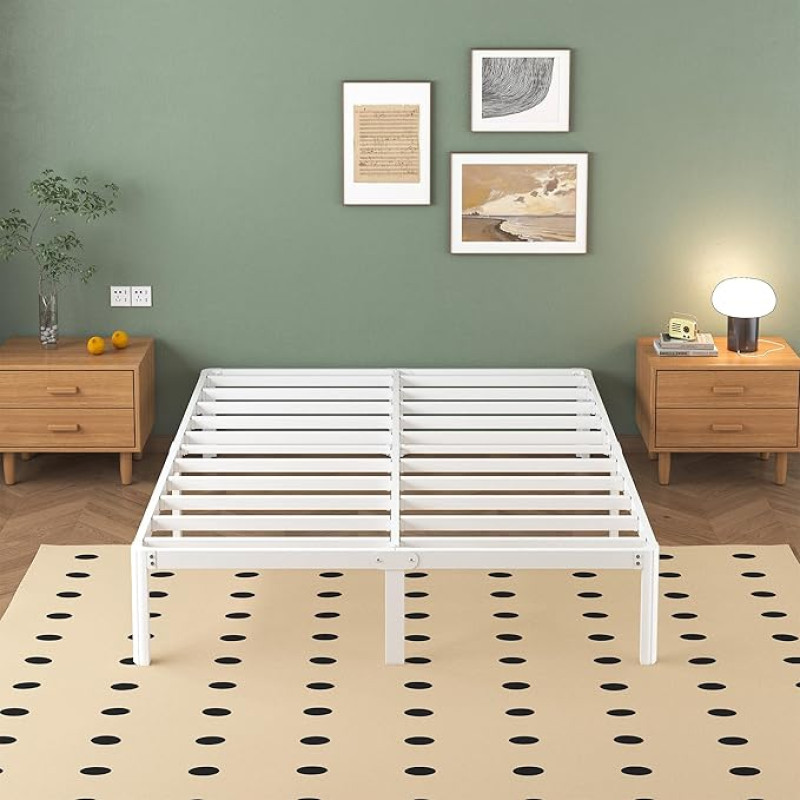 Lutown-Teen Metal Bed 160 x 200 cm with Round Legs, Height 36 cm, Double Bed Frame with Metal Slatted Frame, White