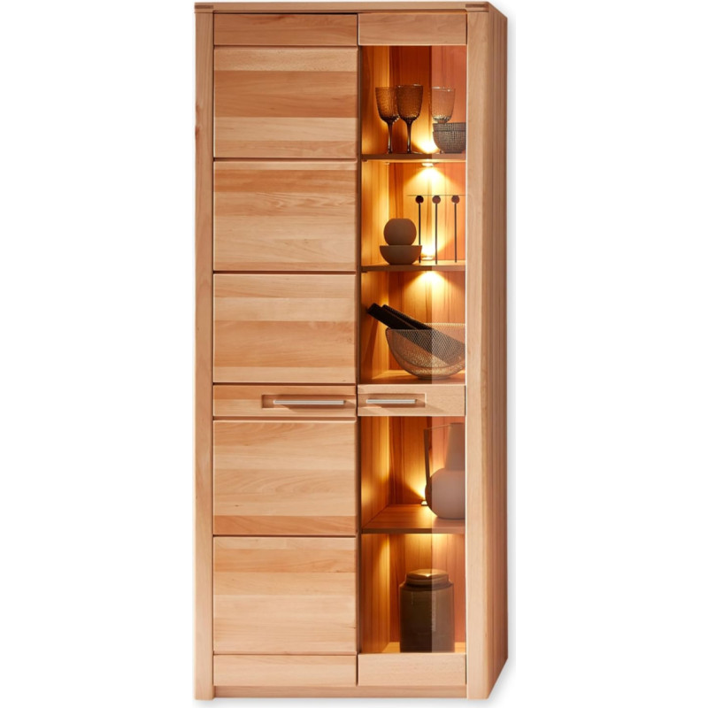 Stella Trading Nature ONE Display Cabinet in Heartwood Beech Partially Solid FSC Certified - Modern Display Cabinet with LED Lighting and Lots of Storage Space - 85 x 203 x 40 cm (W x H x D)