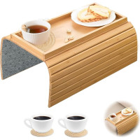 Sofa Tray Armrest, Bamboo Couch Tray Couch Armrest Table with Cup Mats, Foldable Non-Slip Sofa Tray Sofa Armrest Rest Shelf for Snacks, Remote Control, Cups