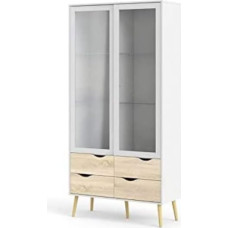 Dmora Display Cabinet with Two Hinged Glass Doors and Four Drawers - White and Oak - 98 x 200 x 39 cm