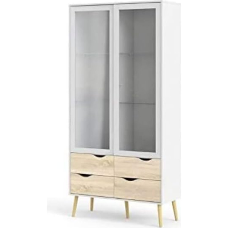 Dmora Display Cabinet with Two Hinged Glass Doors and Four Drawers - White and Oak - 98 x 200 x 39 cm