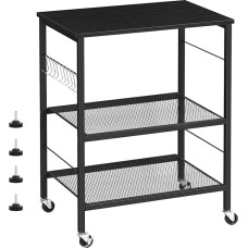 Baker's Rack, Microwave Stand, Cart with Storage, Small Kitchen Island on Wheels, Black Coffee Bar Cart, 3-Tier Kitchen Shelf with 10 Hooks, Printer Table for Living Room, Bedroom, Office