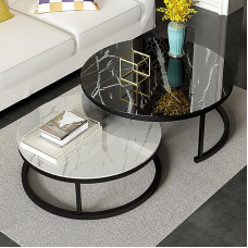 Modern Round Coffee Table Set of 2 Nesting Tables Tempered Glass Metal Side Table for Living Room Black Frame 32
