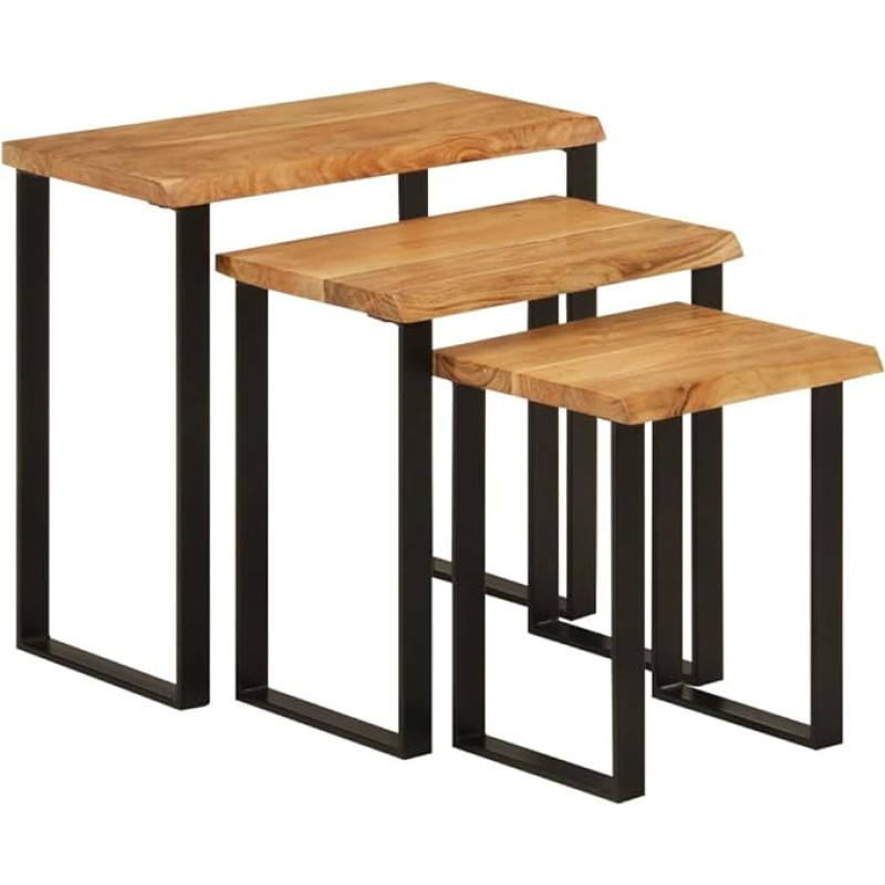 Set of 3 Nesting Tables with Live Edge, Solid Acacia Wood Coffee for Living Room, Industrial Side Tables with U-Shaped Steel Legs, Unique Natural Wood Grain, Home Decor Furniture