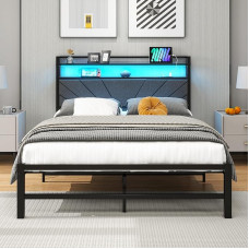 VERFARM Upholstered Bed, 120 x 200 cm, Metal Bed, Double Bed, Bed Frame with LED and Charging Station, Bed Frame with Storage Space, Youth Bed, Guest Bed, Bed Frame with Headboard, Perfect for Bedroom