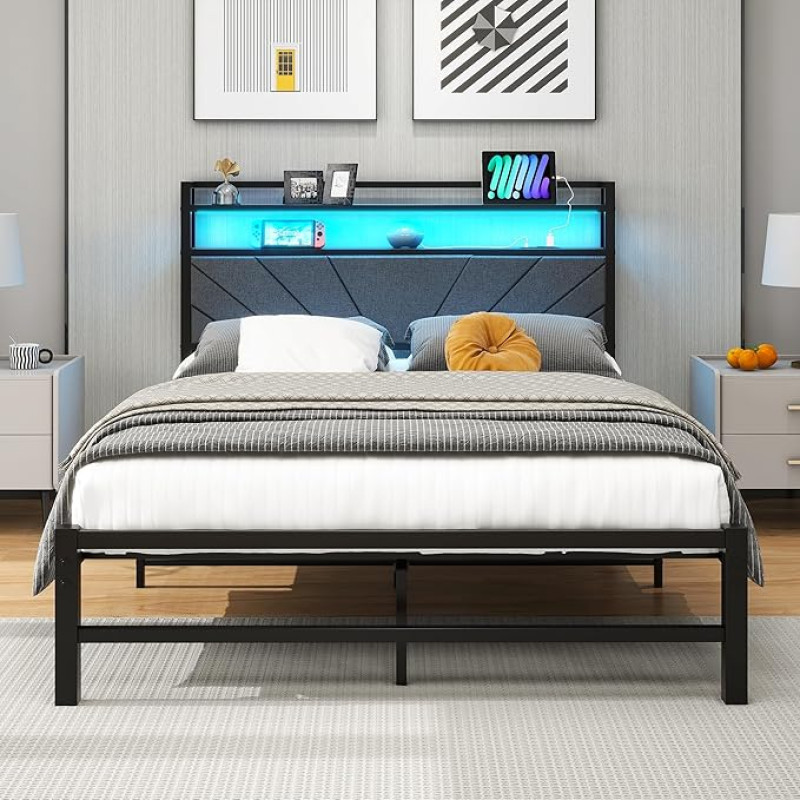 VERFARM Upholstered Bed, 120 x 200 cm, Metal Bed, Double Bed, Bed Frame with LED and Charging Station, Bed Frame with Storage Space, Youth Bed, Guest Bed, Bed Frame with Headboard, Perfect for Bedroom
