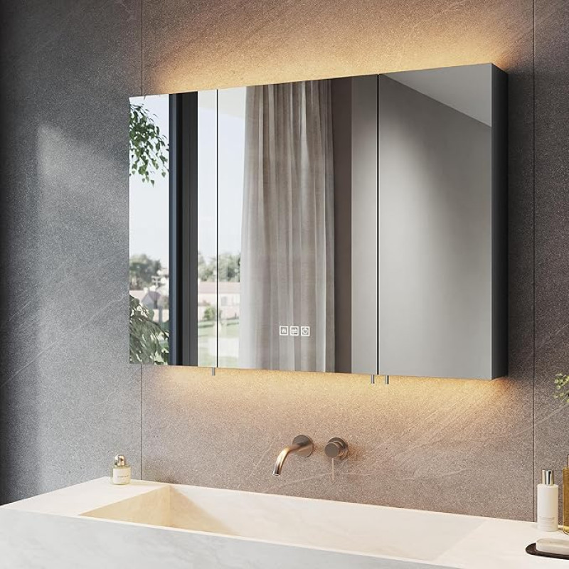 SONNI Bathroom Mirror Cabinet with Lighting and Socket, 3 Door LED Mirror Cabinet with Touch Switch, 3 Adjustable Light Colours, Anti-Fog, Bathroom, Medicine Cabinet, 90 x 65 cm, Matte Black