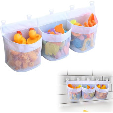 Bathroom Toy Storage, Bath Toy Net Bath Toy Holder Organiser Toy Storage Bag Basket with 3 Horizontal Large Openings and 5 Strong Self-Adhesive Hooks