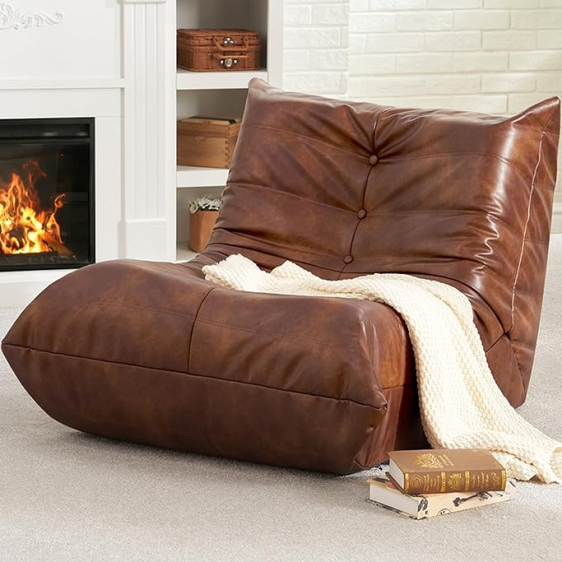 Hobestluk Giant Adult Faux Leather Memory Foam Bean Bag Bean Bag for Living Room Bedroom Dorm Office Brown
