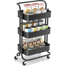 Hoomtaook Serving Trolley Kitchen Trolley with Wheels, Metal Trolley with 3 Drawers, Kitchen, Craft Trolley with Handle for Children, Black